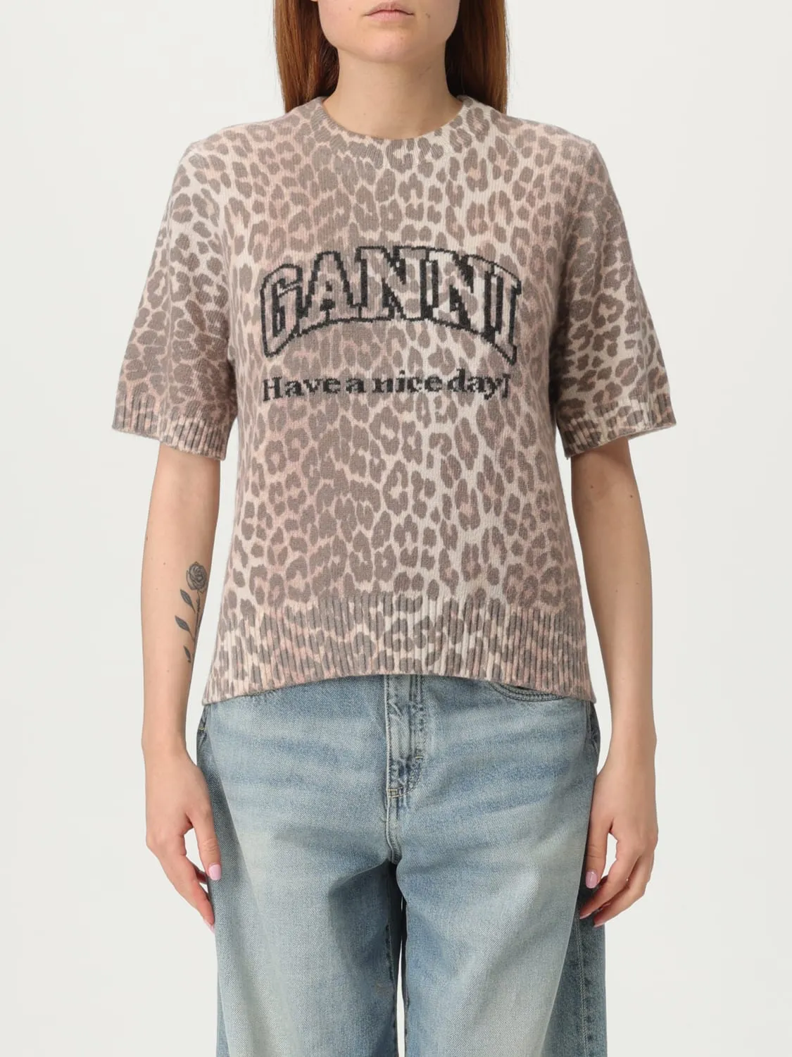 Maglia in lana vergine animalier con logo Ganni