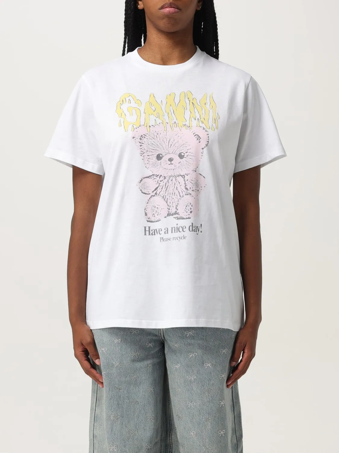 T-shirt in cotone con stampa Orso Ganni