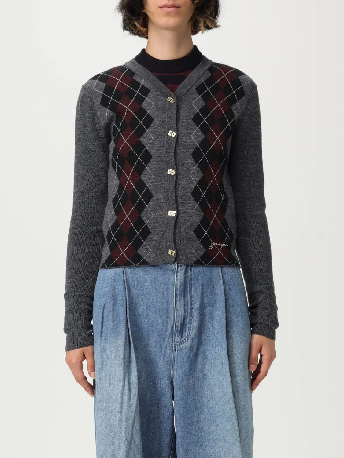 Cardigan a v in lana merino a rombi Ganni