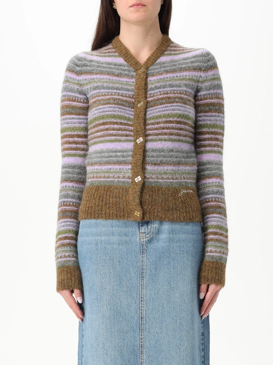 Cardigan Ganni in misto lana a righe