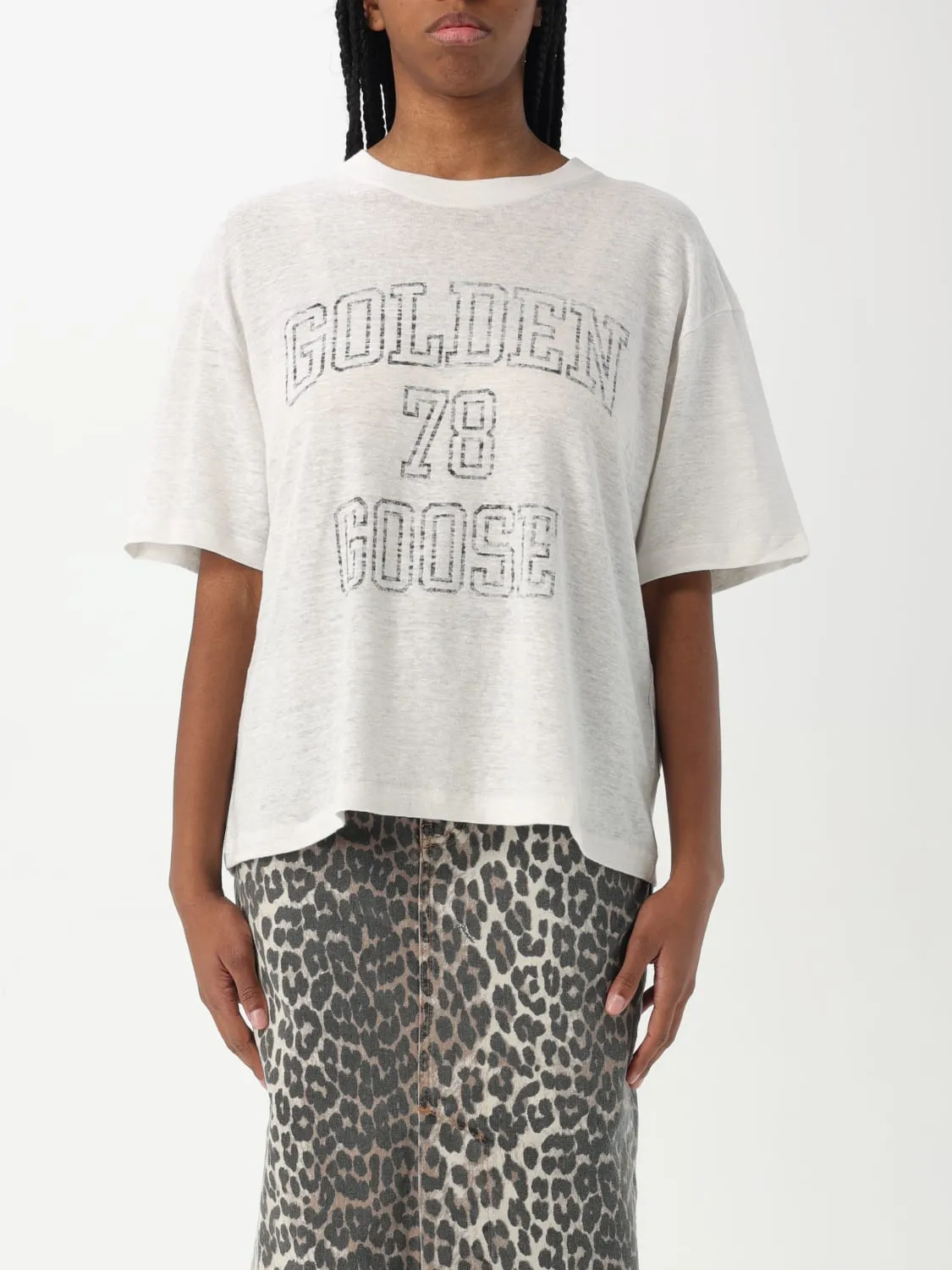 T-shirt in lino con logo Golden Goose