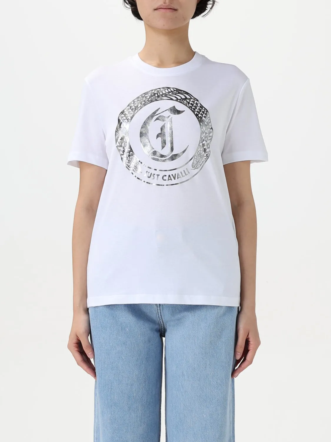 T-shirt in cotone con logo laminato Just Cavalli