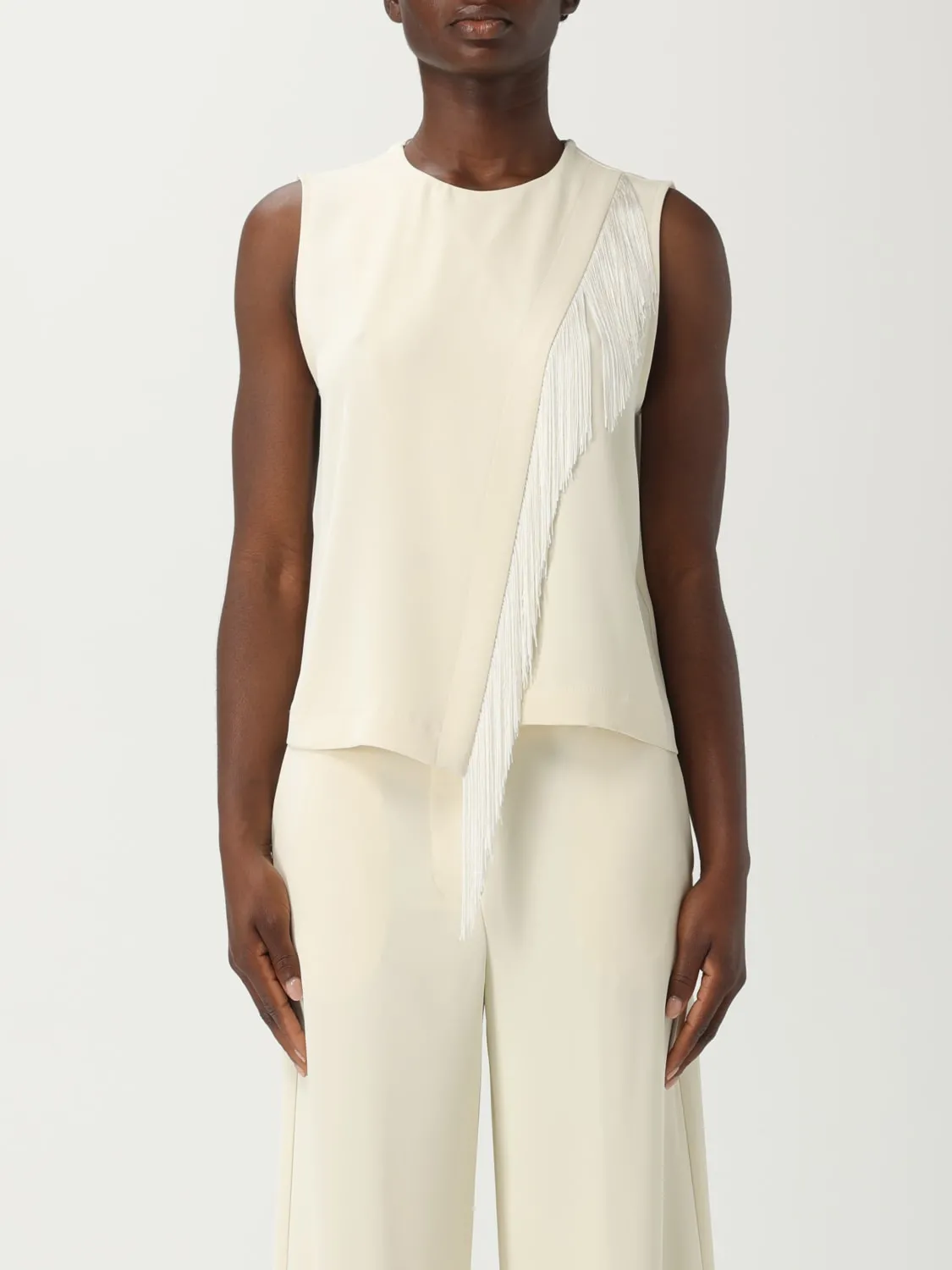 Top smanicato Kaos in crêpe con frange