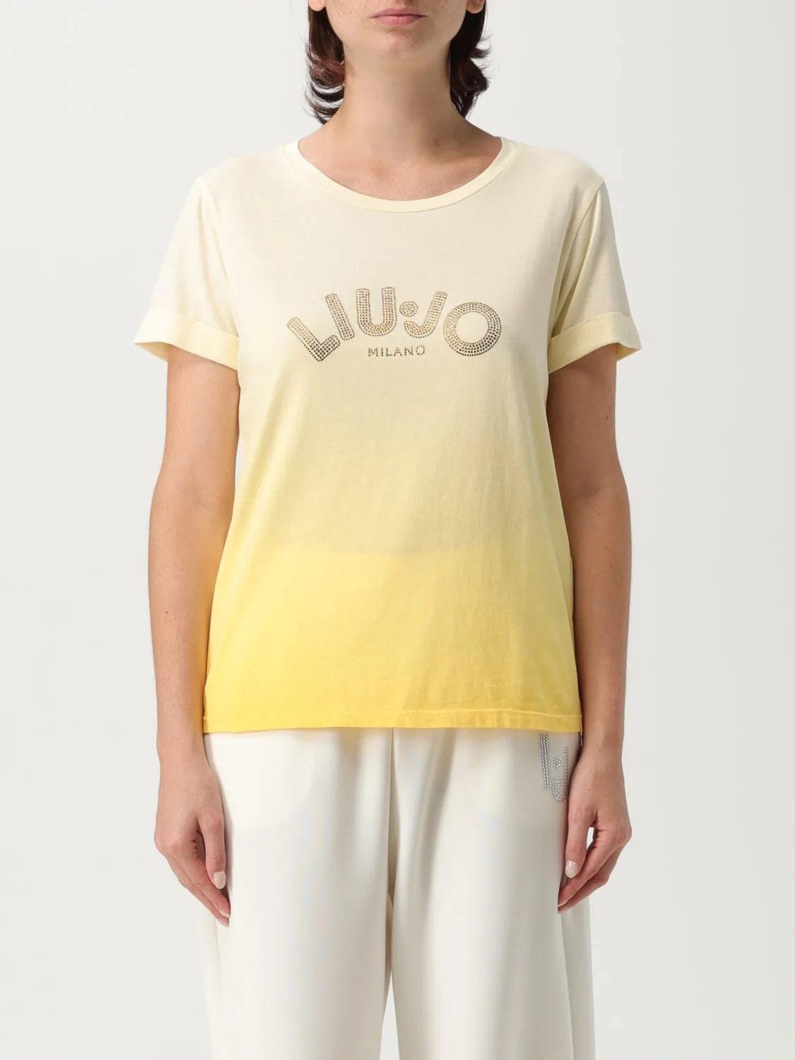 T-shirt in cotone sfumato con logo di strass Liu Jo