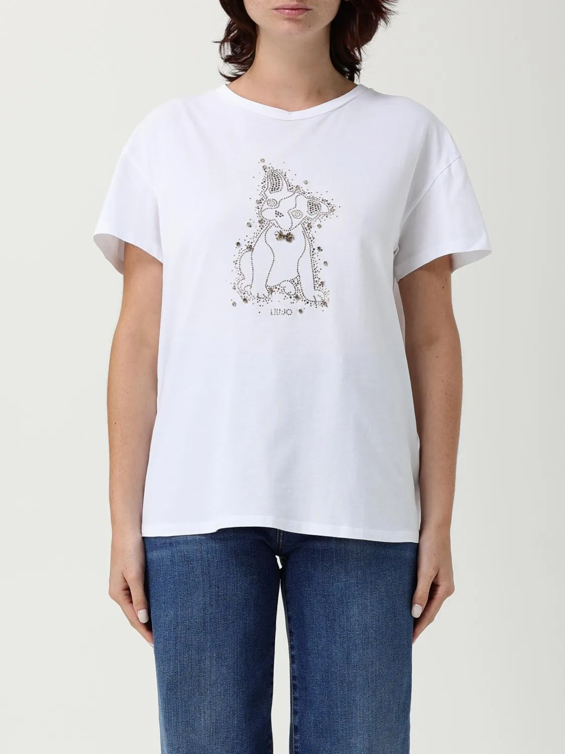 T-shirt in cotone con cagnolino e strass Liu Jo