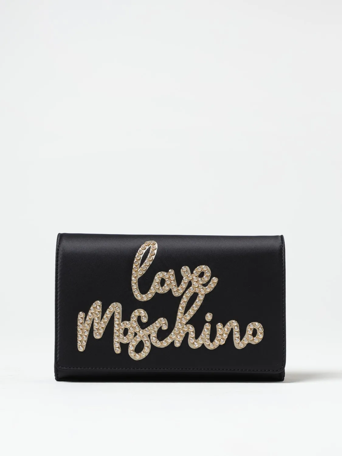 Clutch Love Moschino in satin con logo di strass