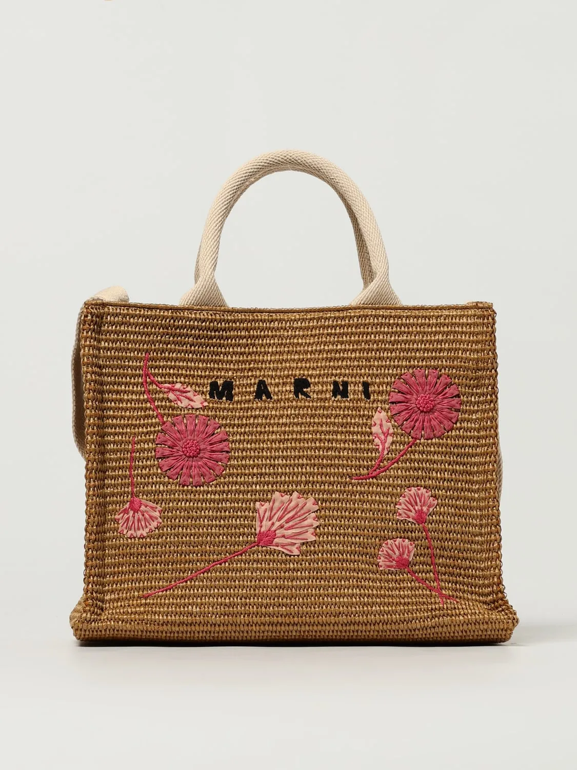Borsa a mano Tote in rafia con fiori Marni