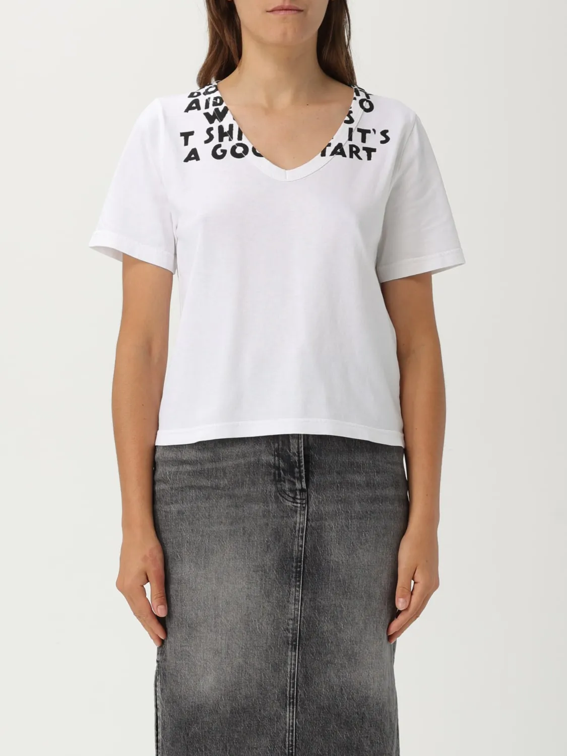 T-shirt a v in cotone stampata Mm6 Maison Margiela