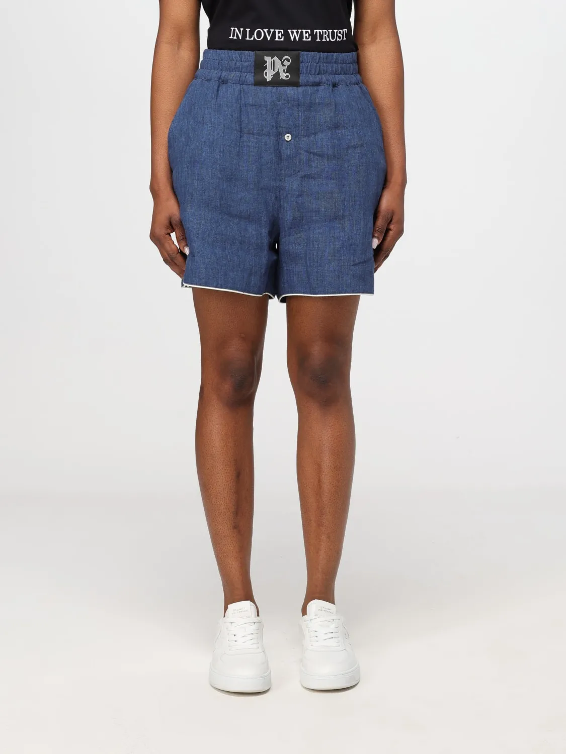 Pantaloncino Palm Angels in lino stampa denim