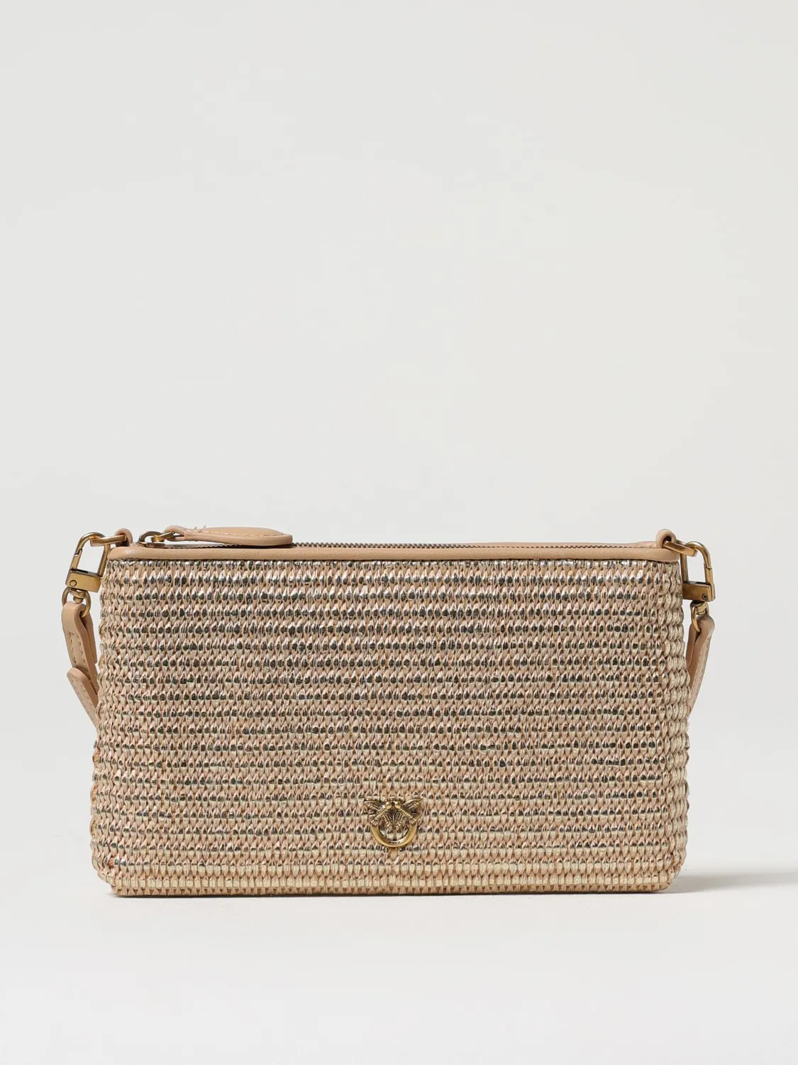 Borsa piccola piatta in rafia laminata con tracolla Pinko