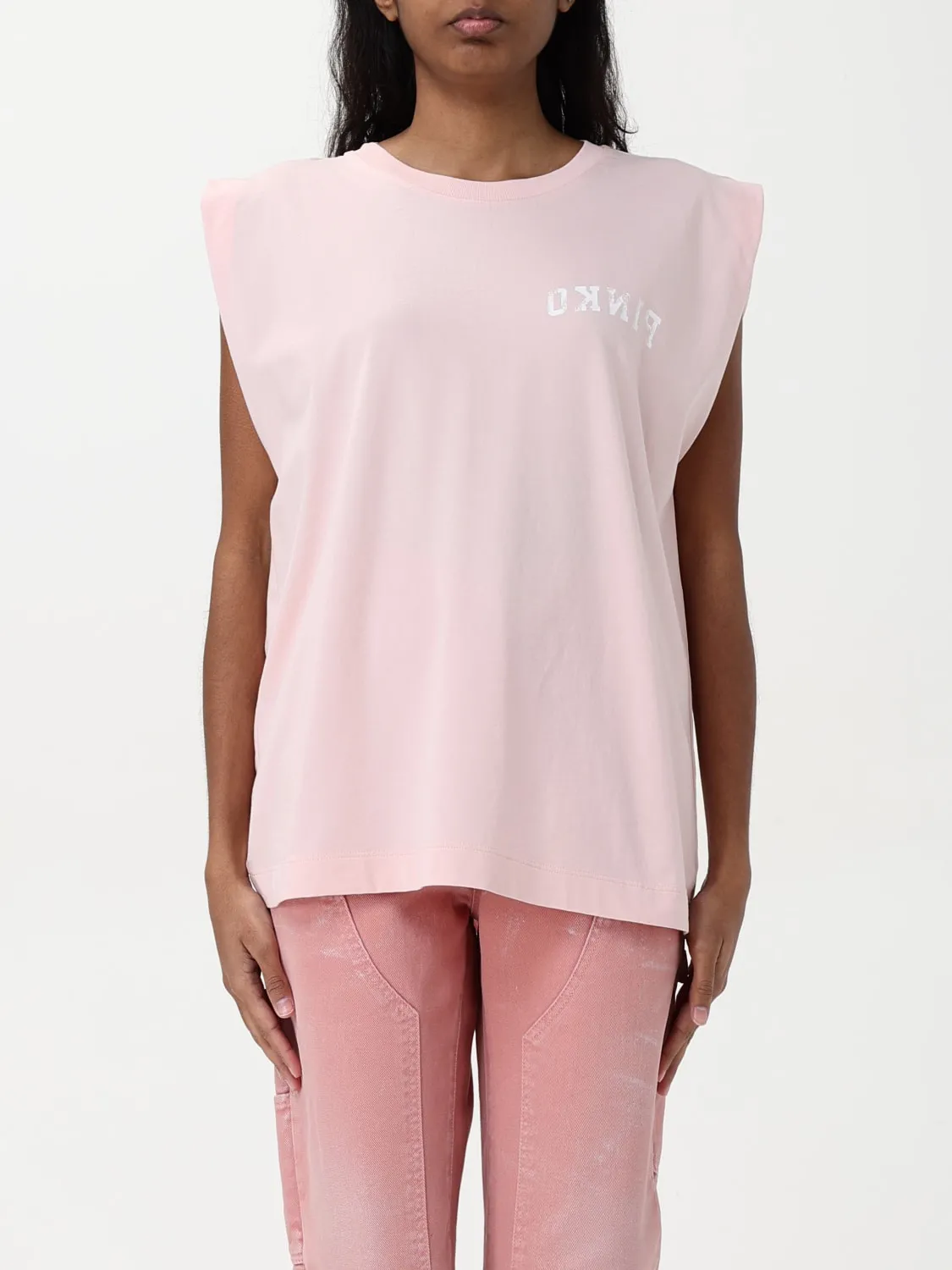 T-shirt smanicata in cotone con logo Pinko