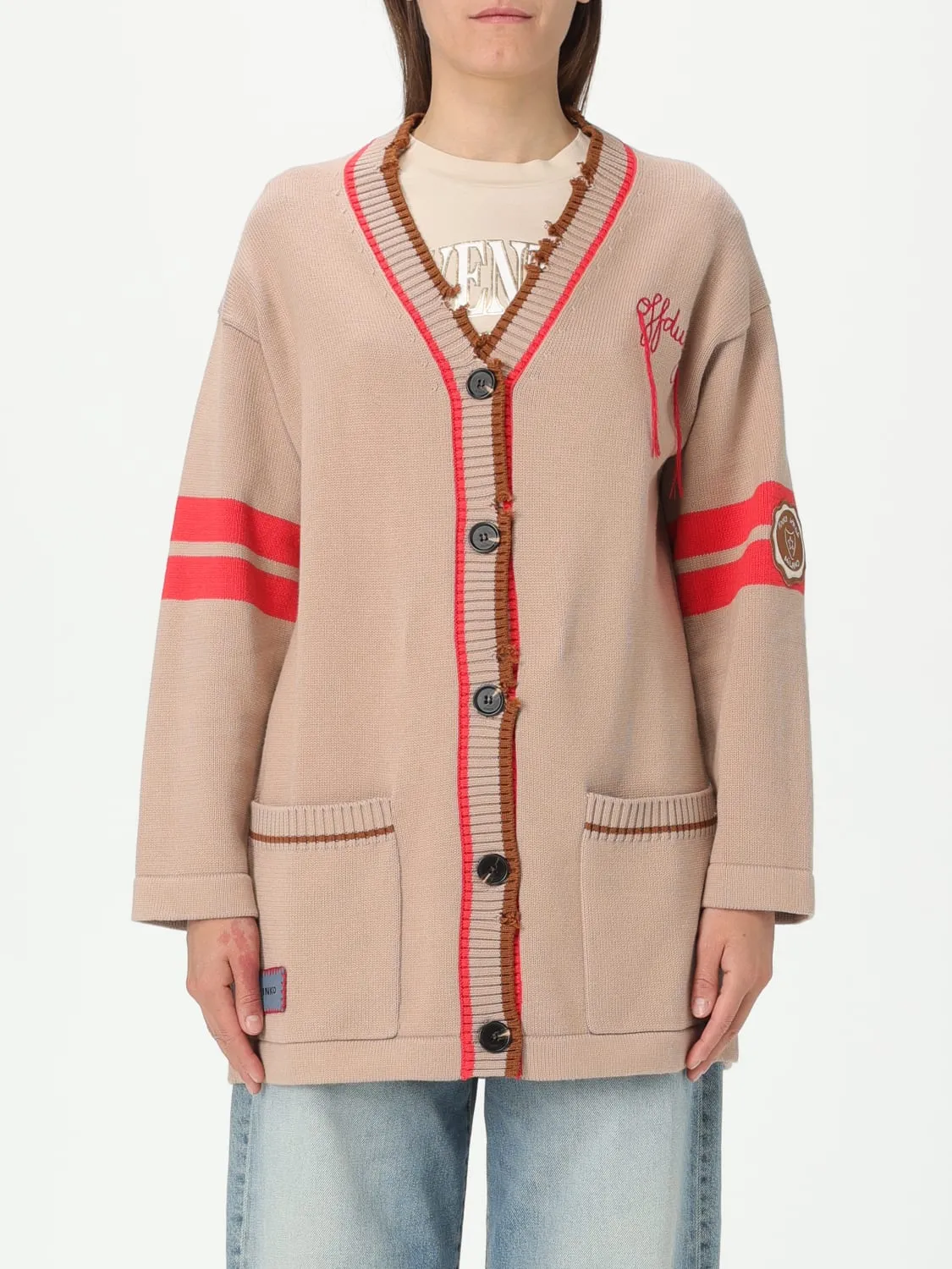 Cardigan a v Pinko in cotone con logo di strass