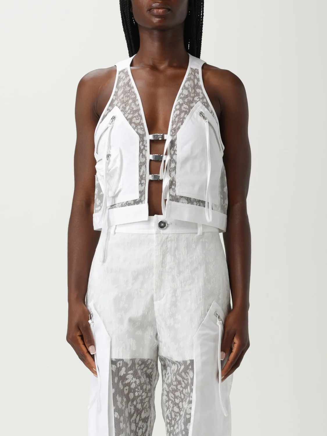 Top cropped Pinko in organza con stampa animalier