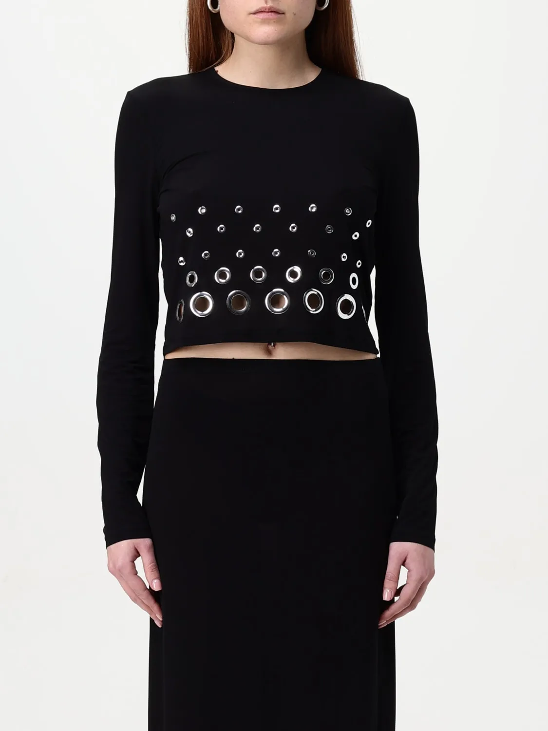 Top cropped Rabanne in viscosa con occhielli metallicci