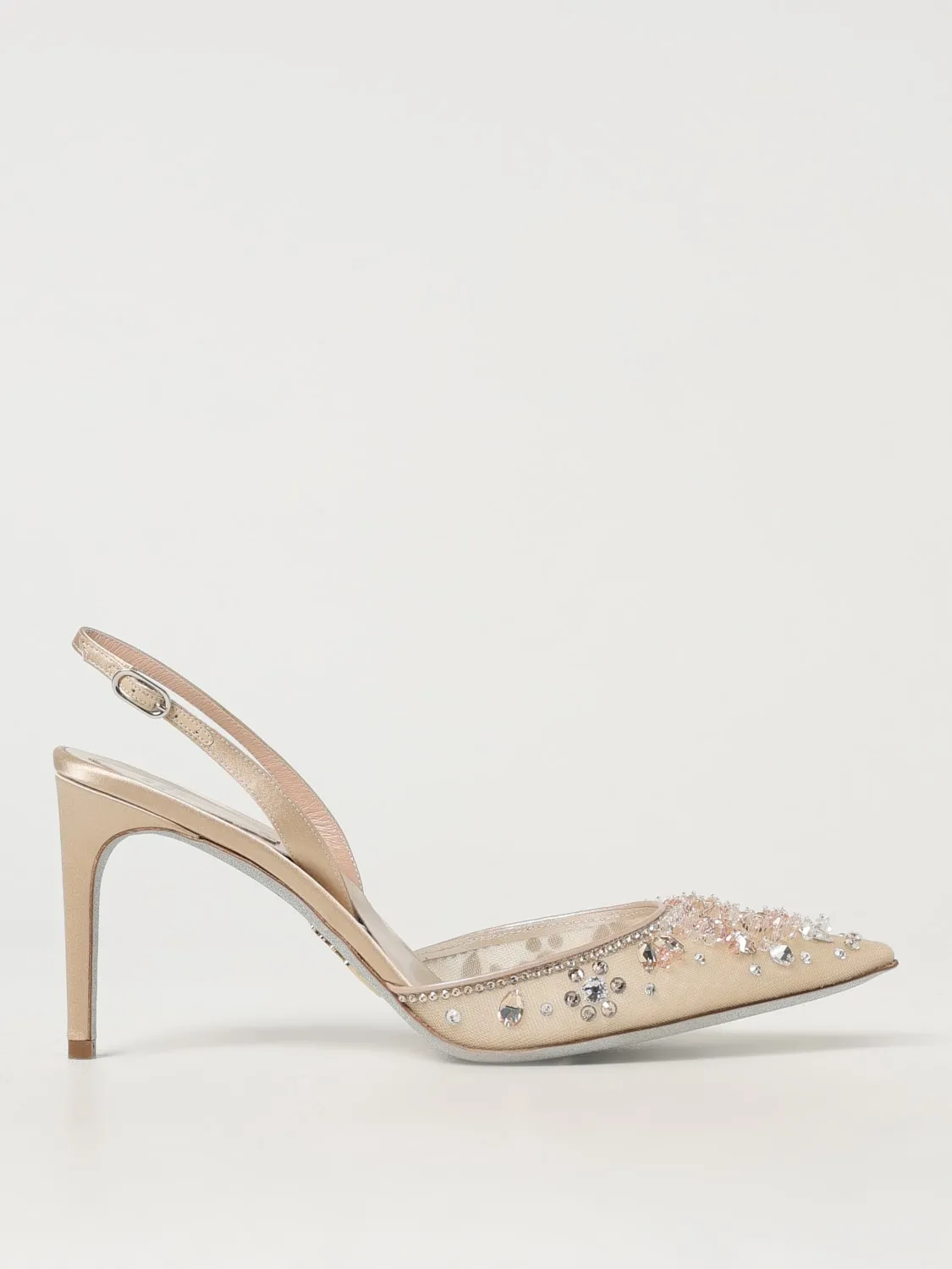 Slingback Rene Caovilla in raso e nylon a rete con strass