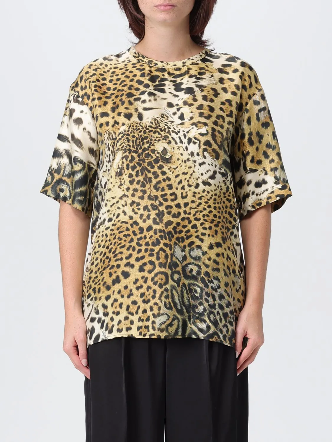 T-shirt in seta animalier Roberto Cavalli