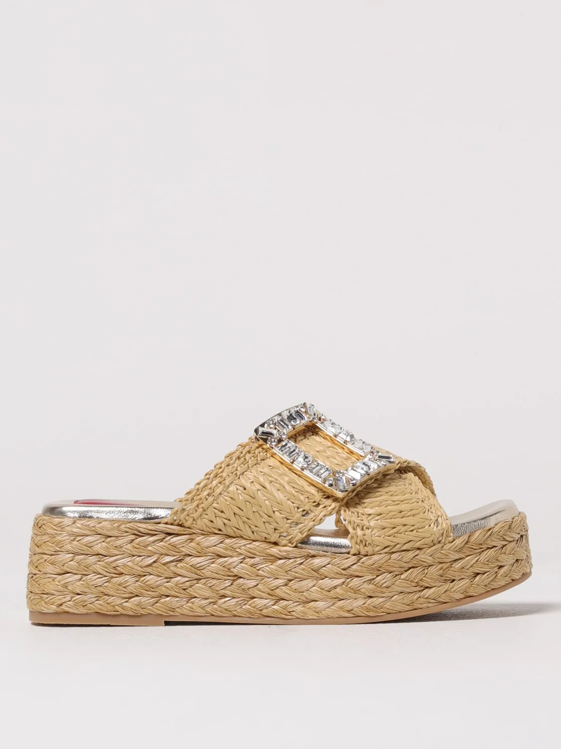 Sandalo Roger Vivier in rafia e pelle con fibbia gioiello