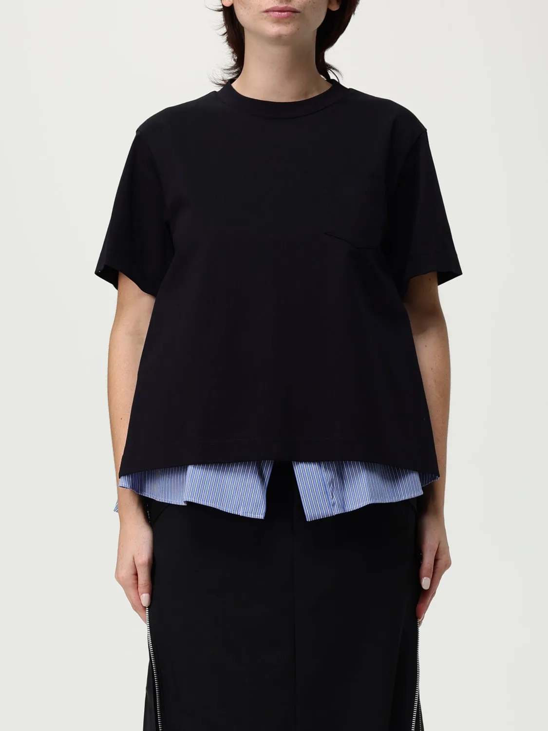 T-shirt double-layer Sacai in cotone con inserti a righe