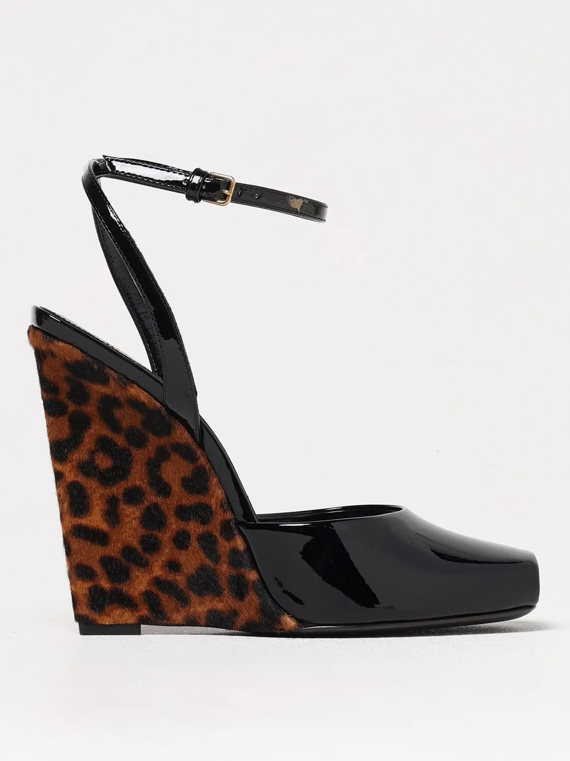 Sandalo Le Scandale Saint Laurent in vernice con zeppa in cavallino animalier