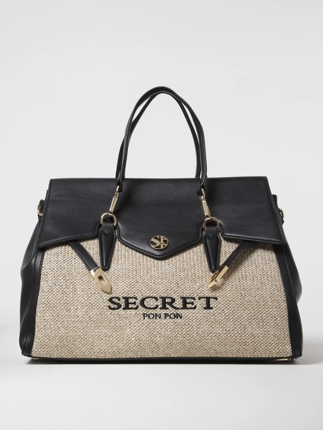 Borsa Quiny Secret Pon-Pon in rafia e pelle sintetica