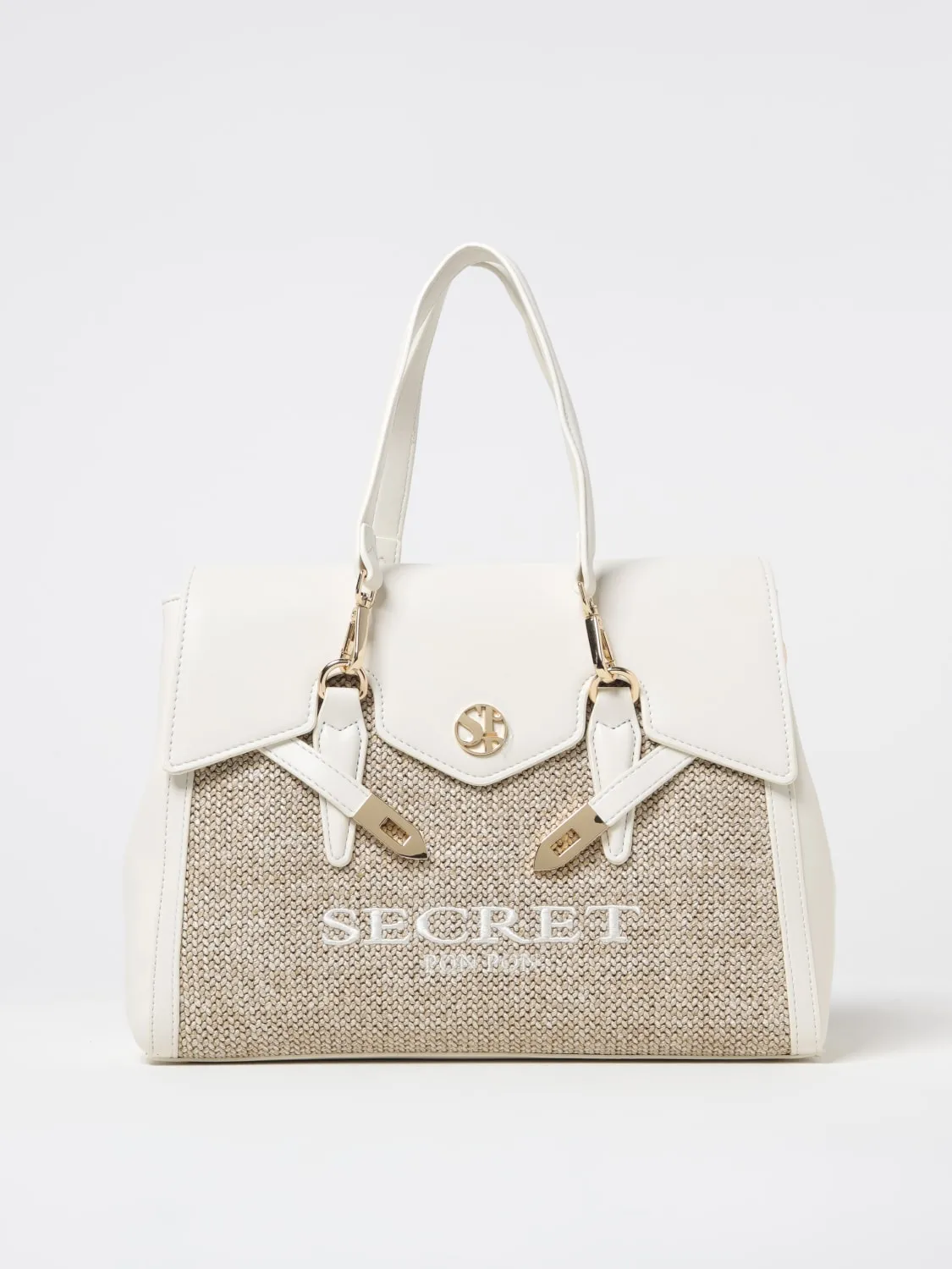 Borsa Quiny Medium Secret Pon-Pon in pelle sintetica e rafia