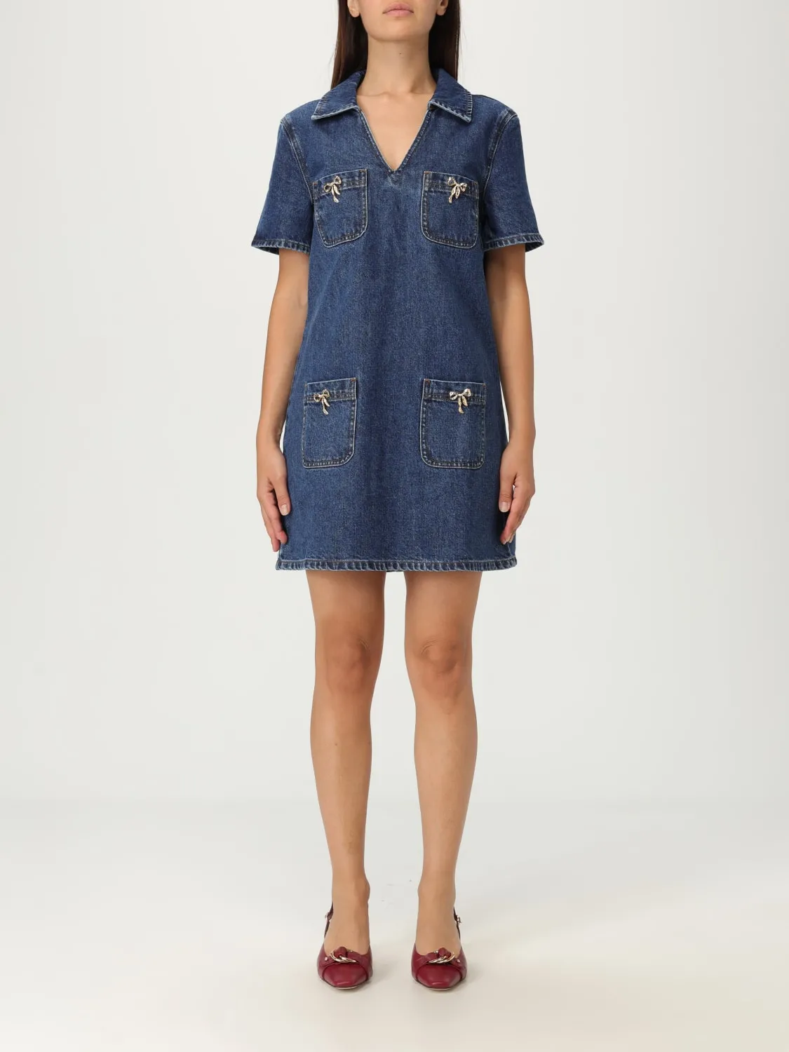 Abito Self-Portrait in denim con fiocchi