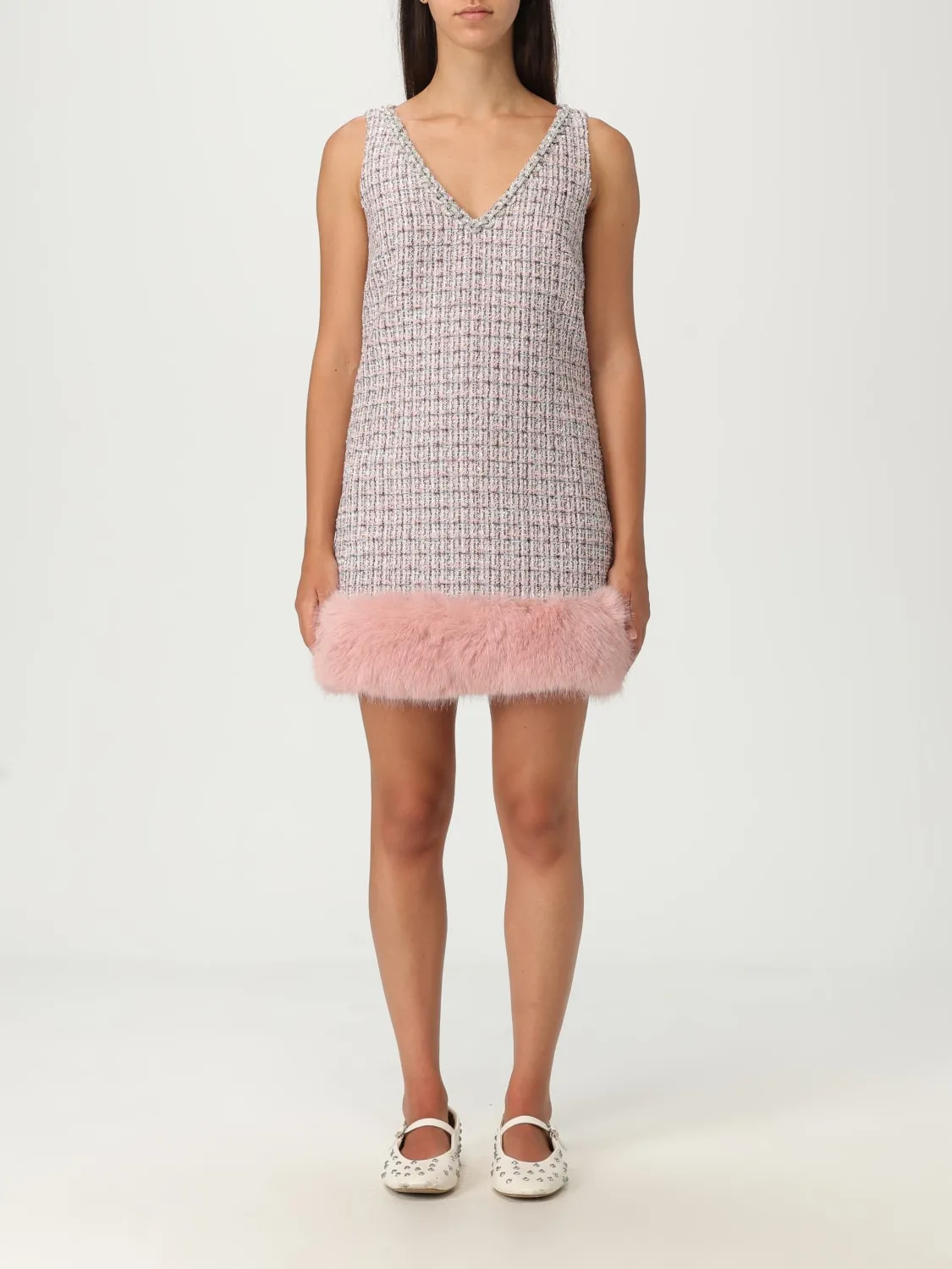 Abito bouclé Self-Portrait con bordi di pelliccia