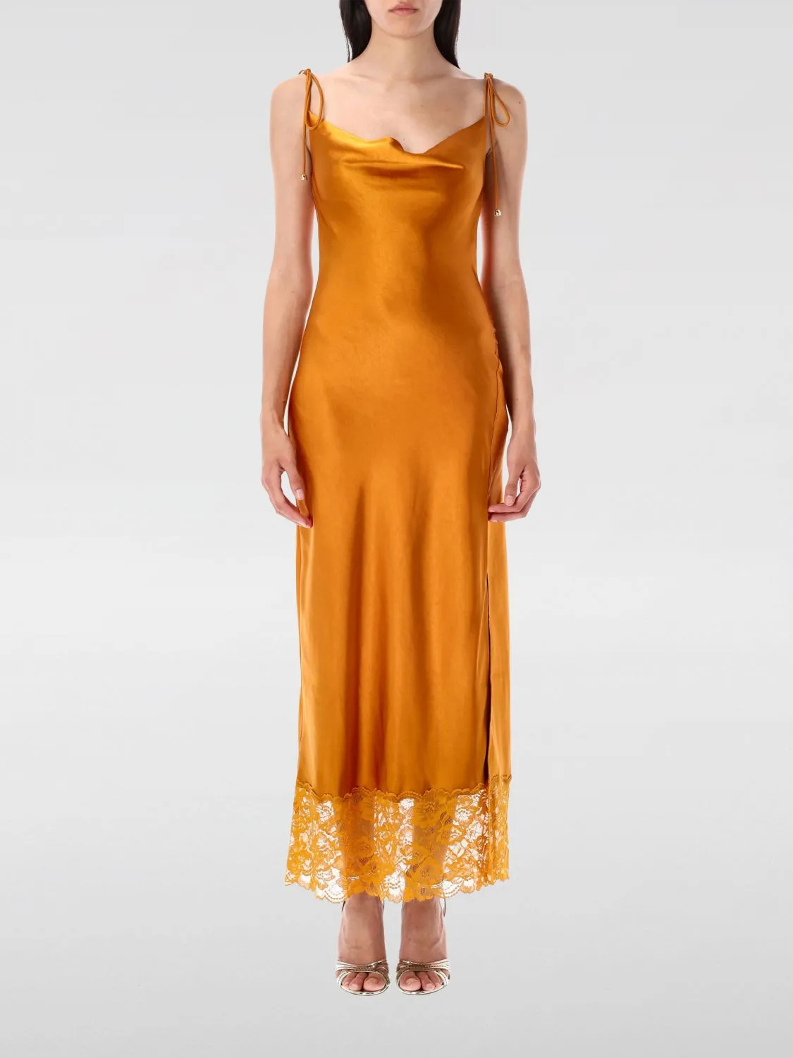 Abito slipdress Self-Portrait in raso con inserti in pizzo