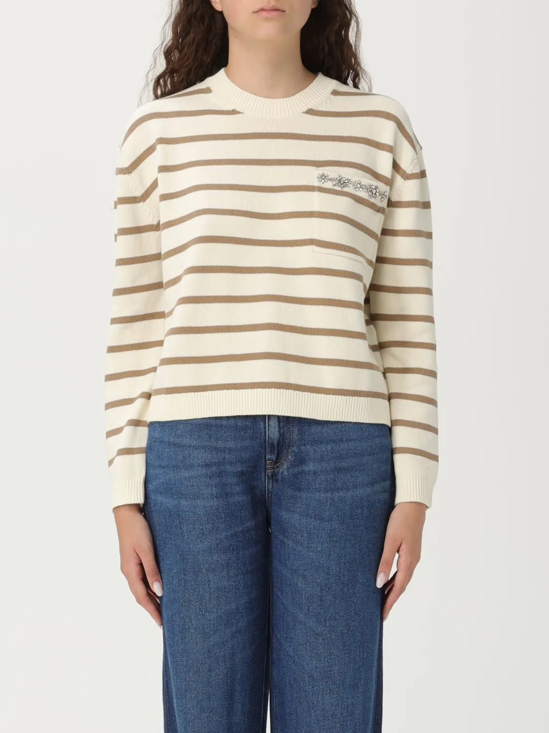 Maglia in cotone a righe con cristalli Semicouture