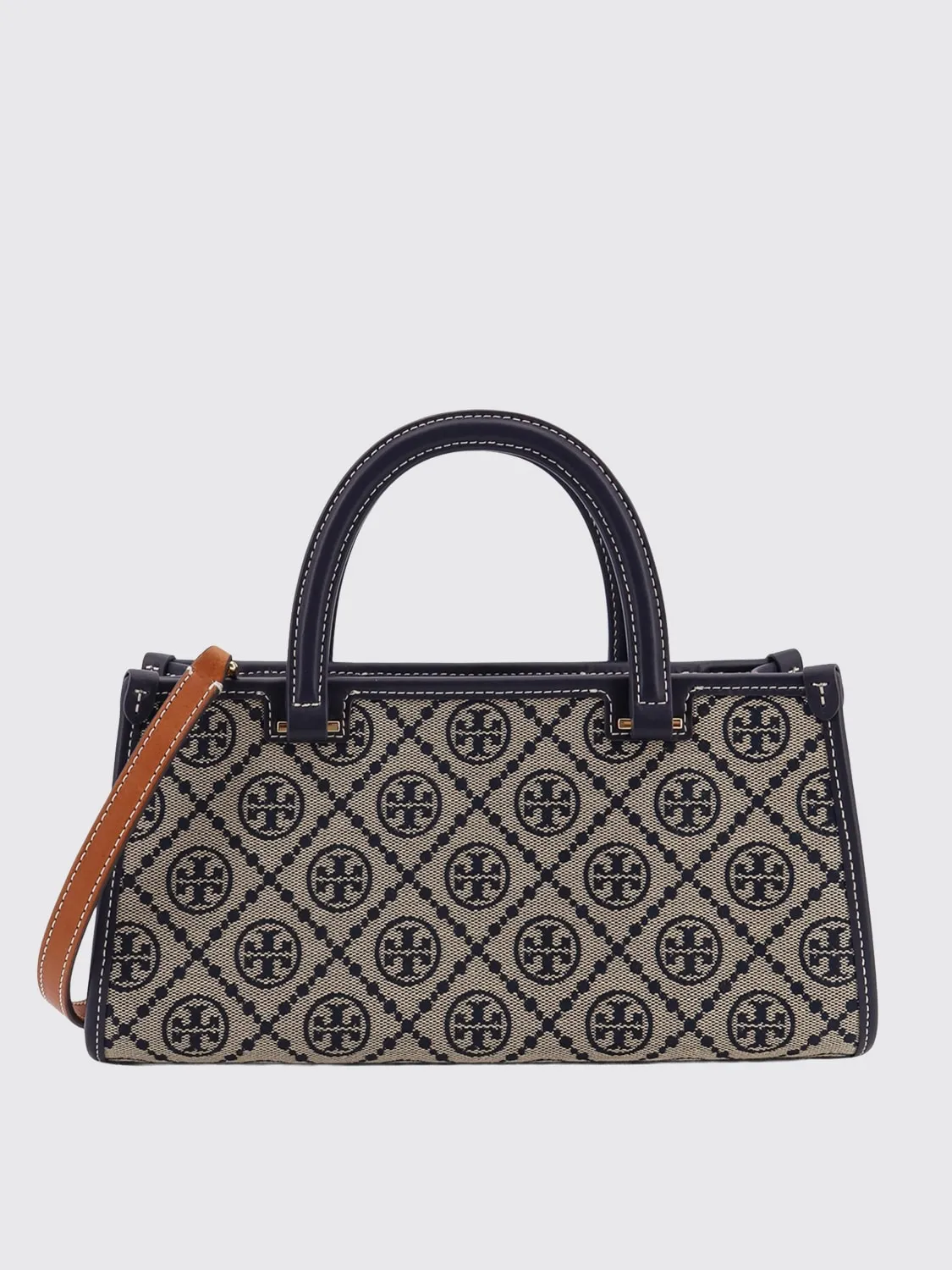 Borsa East-West T Monogram Tory Burch in misto cotone jacquard e pelle