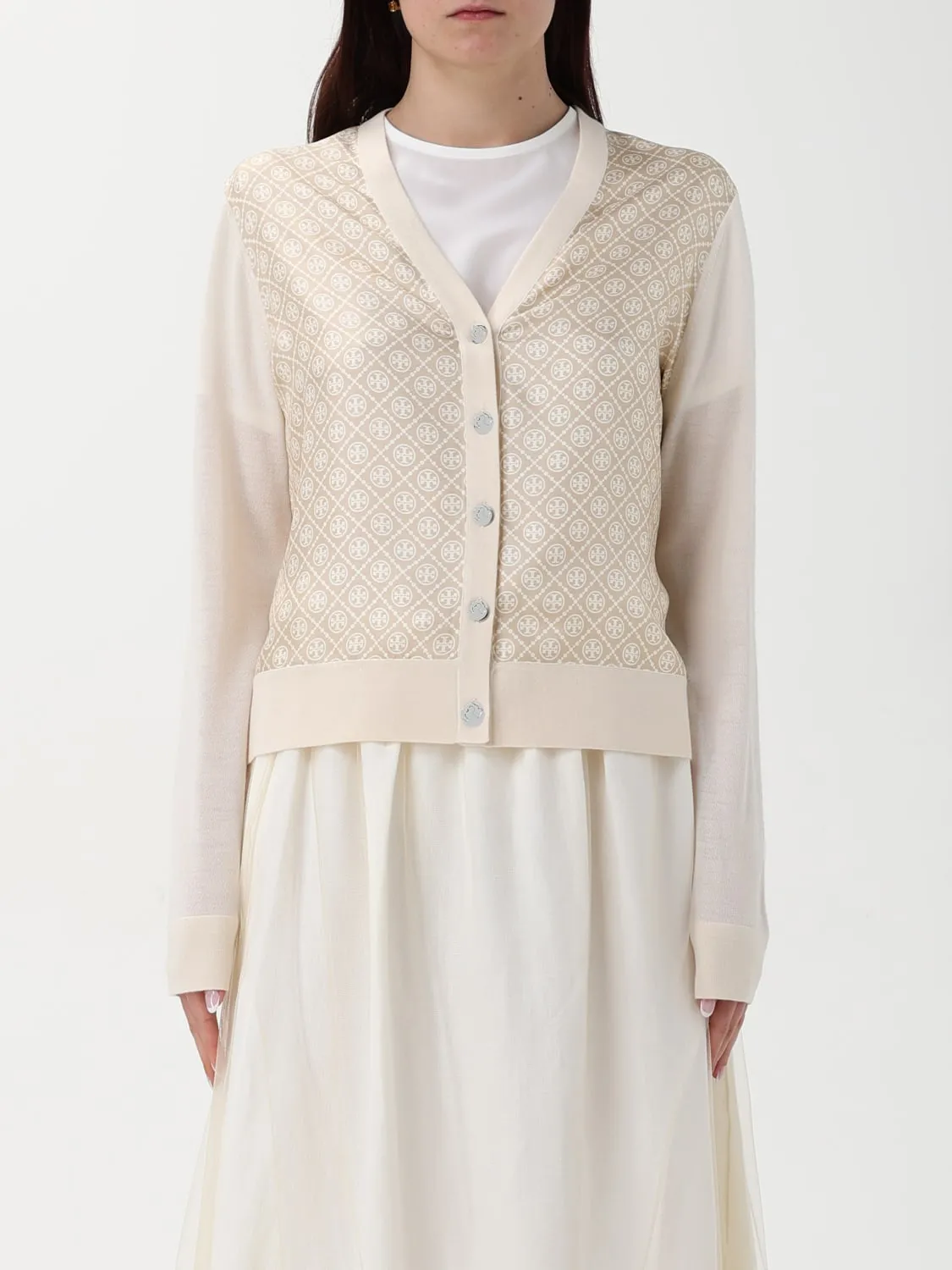Cardigan a v con logo all-over Tory Burch