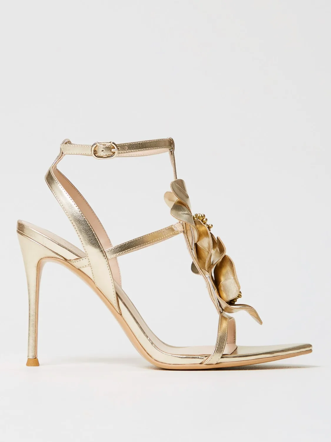 Sandalo Twinset in pelle sintetica laminata con fiori applicati