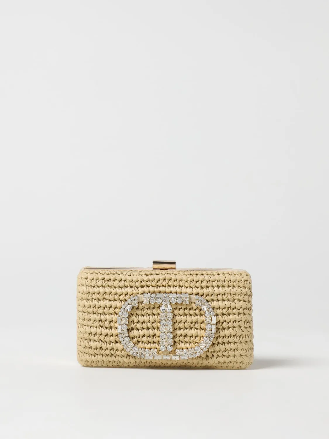 Clutch Twinset in rafia corchet con monogram di strass