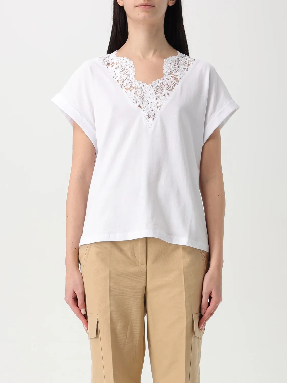 T-shirt a v Twinset con inserti in pizzo