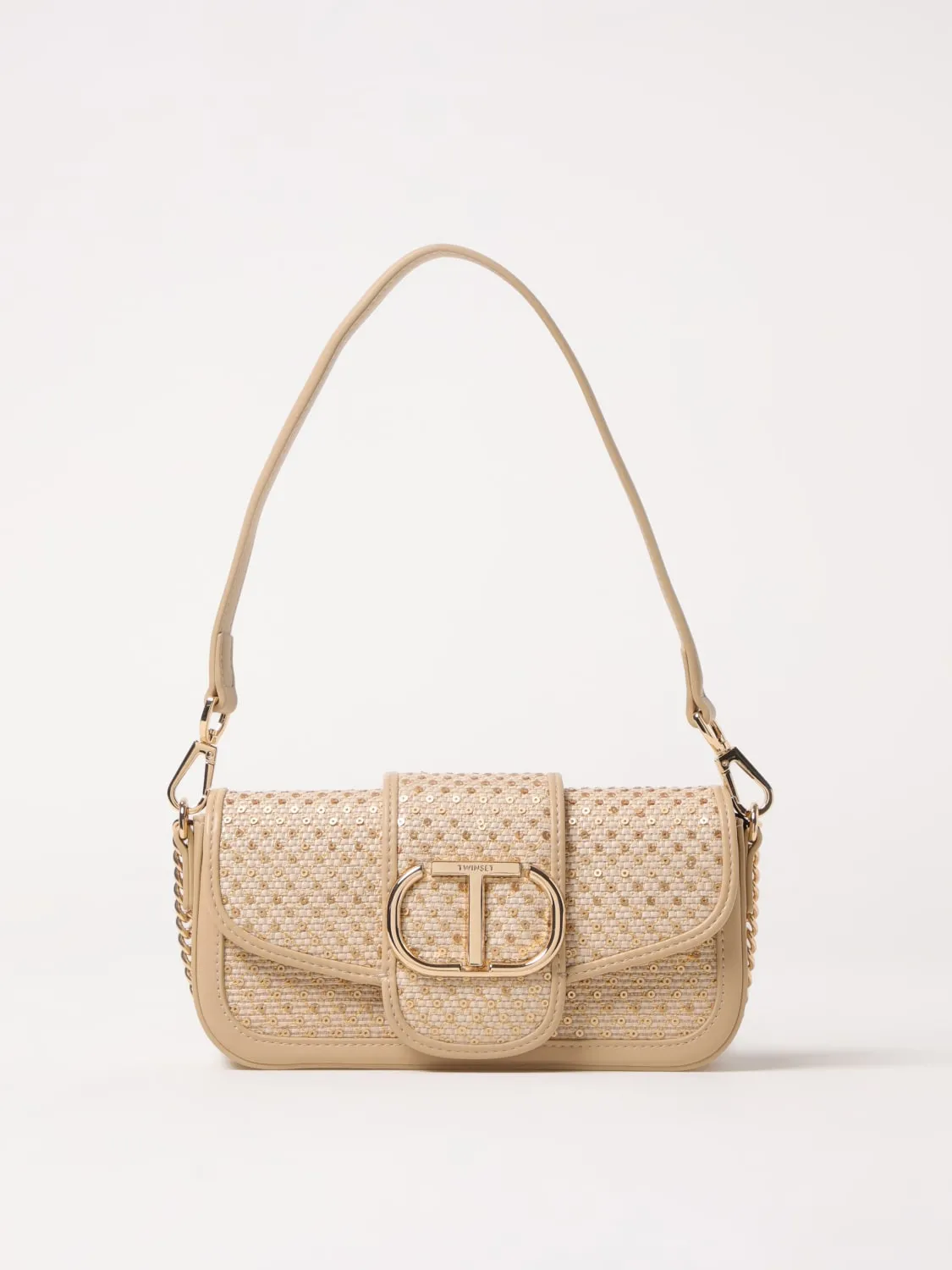 Borsa a spalla Twinset in pelle sintetica e rafia con paillettes ricamate