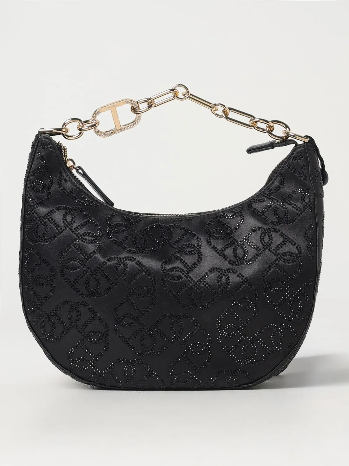 Borsa Oval T Croissant Twinset in raso con strass all over