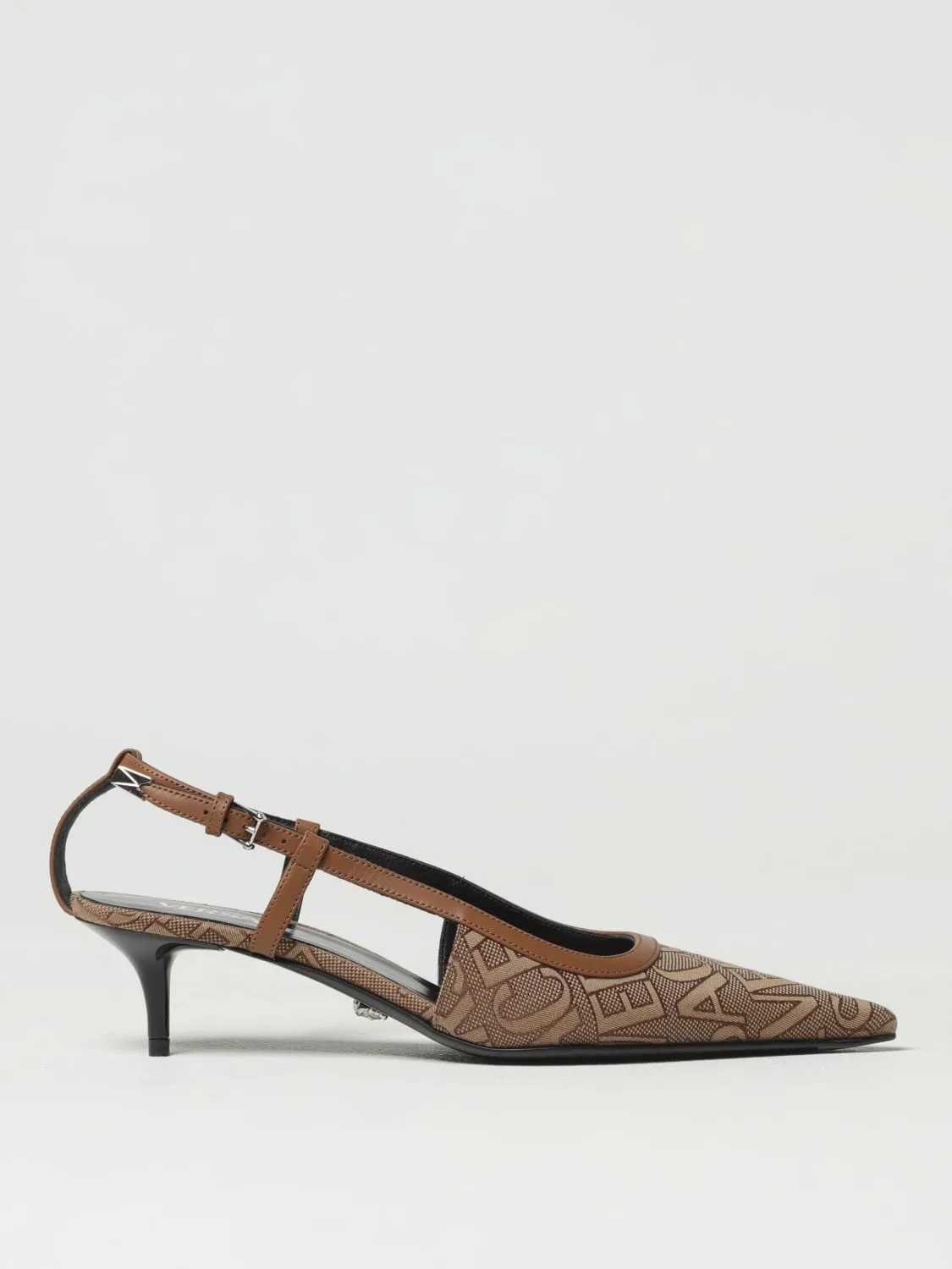 Slingback Versace in tessuto con logo jacquard e pelle